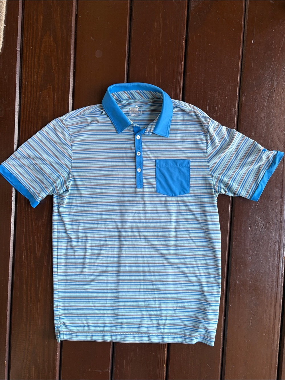 Puma Men’s Light Blue Striped Polo with Royal Blue Trim - Great for Golf!